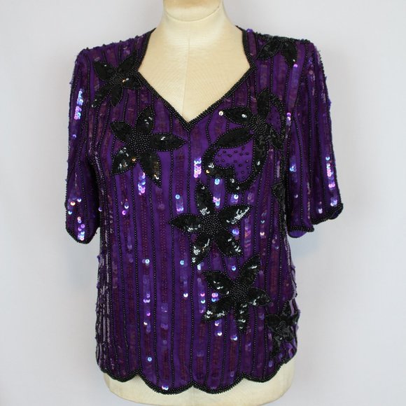 1980s Stenay Silk Purple and Black Beaded Top Medium - Picture 1 of 6